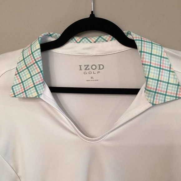 Izod Ladies XL White Golf Top W Mint Green, Yellow & Pink Decoration. Preloved. - Picture 2 of 5